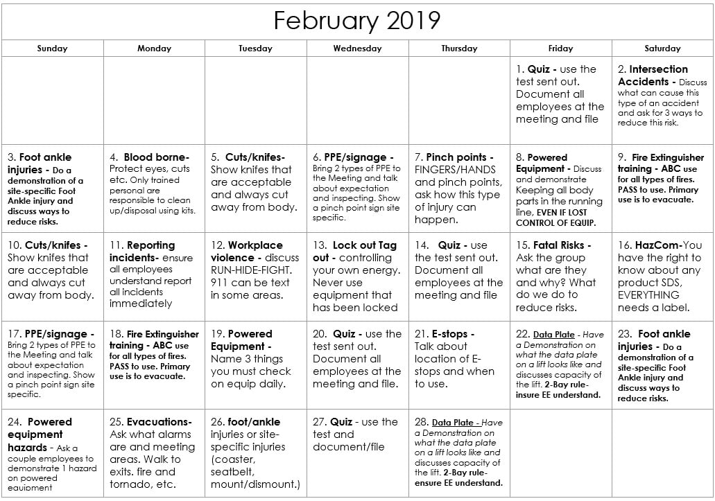 February 2019 Monthly Warehouse Safety Calendar